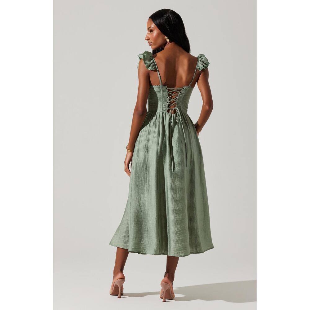ASTR the Label Wedelia Bustier Midi Dress Sage Green Slit Milkmaid Peasant Med - Picture 2 of 13